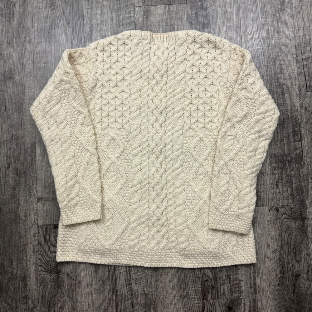 Aran Crafts Ireland 100% Merino Wool Cable Knit Cardigan Sweater Cream Sz S FLAW - Picture 2 of 6